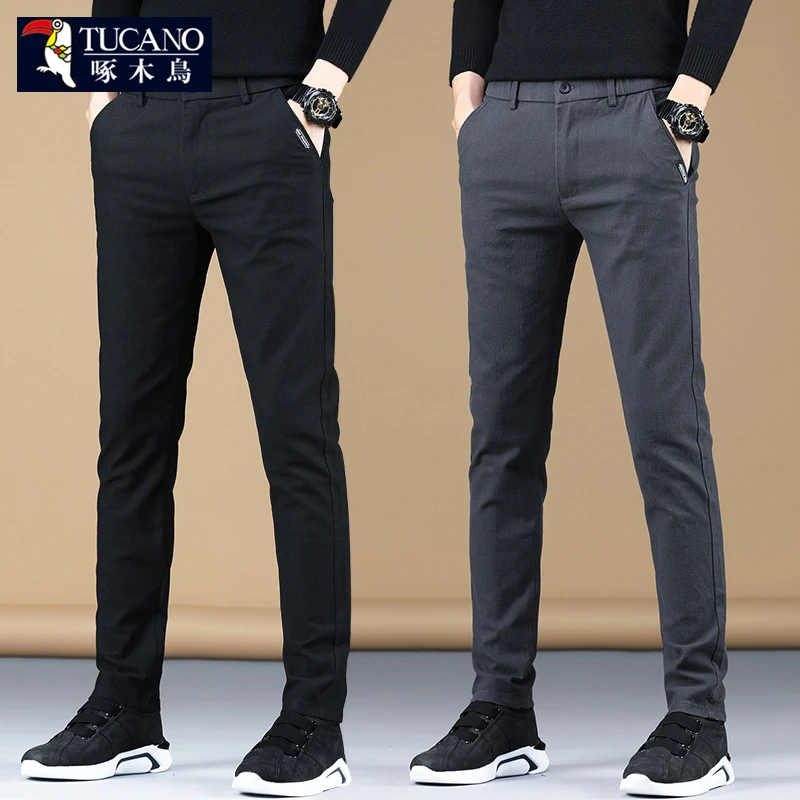 啄木鸟秋冬季潮牌休闲裤男士加绒加厚商务修身直筒小脚弹力长裤子