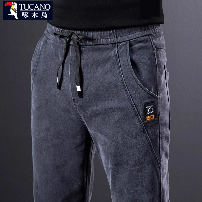啄木鸟抽绳男士休闲裤秋冬季加绒加厚修身直筒抽绳运动百搭长裤子