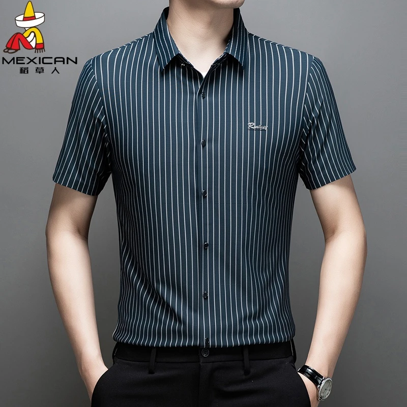 稻草人高档衬衫男款夏季条纹透气无痕高弹力抗皱商务休闲衬衣男新