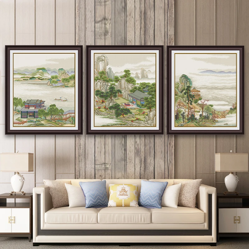 KS十字绣陈枚山水阁楼满绣简约风景无勾边88 x 102