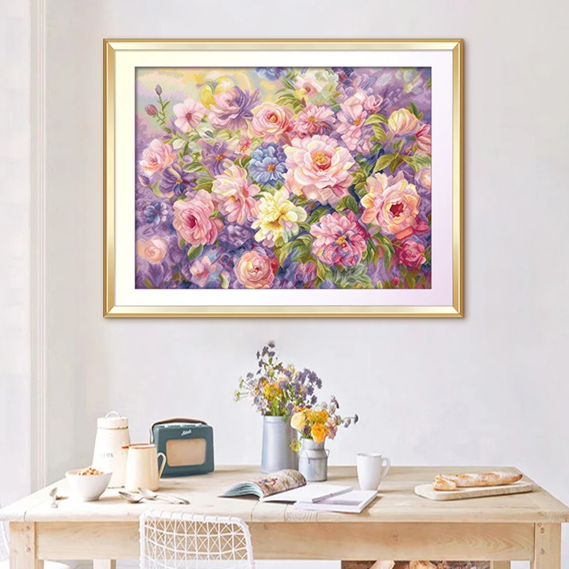 ks十字绣花开嫣然客厅卧室挂画自己绣手工棉线DIY花卉新款