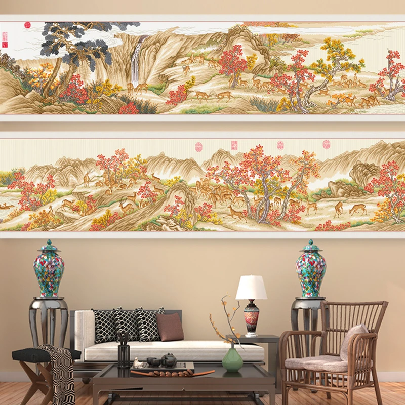 KS十字绣百鹿图非满绣73色有勾边手工绣线绣棉线印花清新简约