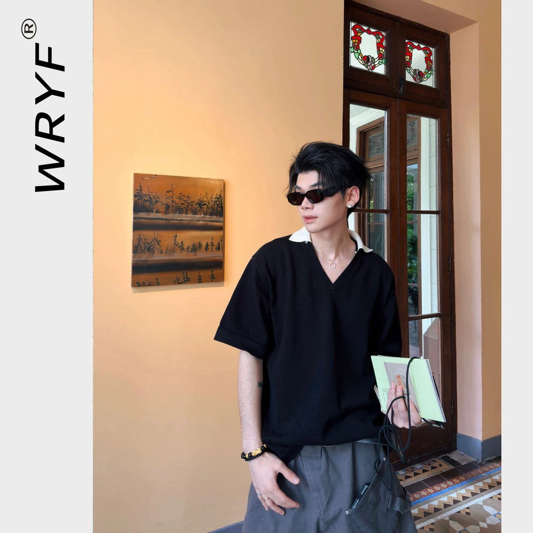 WEILSZO【自主】可拆卸衣领V领针织polo短袖简约设计高级感男女宽松