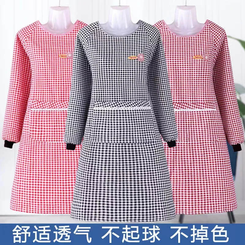 洋气棉布耐磨外穿罩衣新款家用厨房长袖围裙时尚大兜耐脏工作服女
