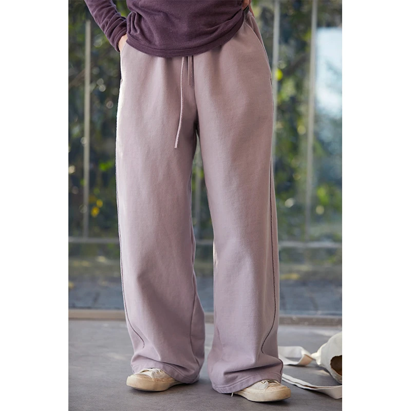 【杂想】高端冬款柔雾粉松紧腰加绒加厚保暖女直筒针织休闲裤