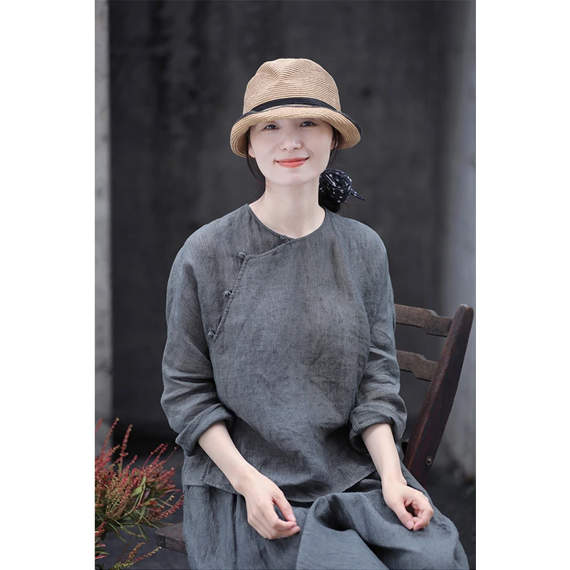 【岩琼】夏款灰色亚麻稀松透气蓬松圆领斜襟轻薄中式小衫衬2241