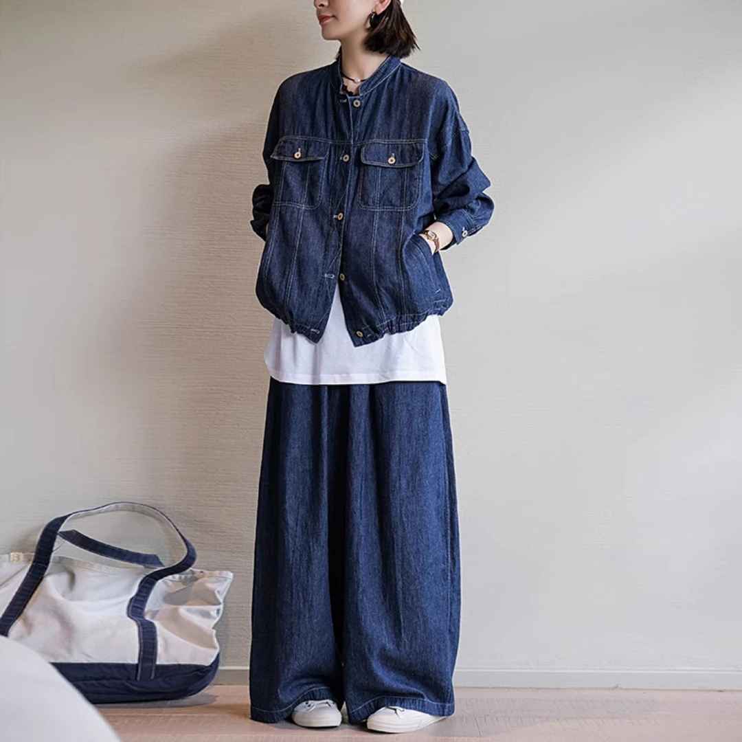 春秋新款汉麻棉色织牛仔酵素洗柔软轻中式可抽绳夹克