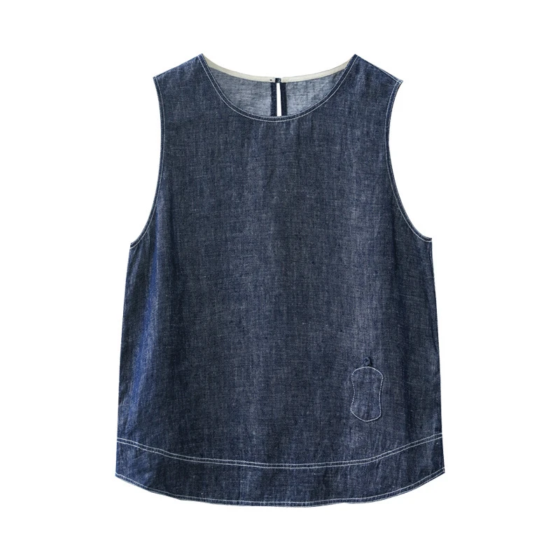 夏细支汉麻斜纹色织牛仔布清凉无袖小衫上衣女士T恤背心百搭1008