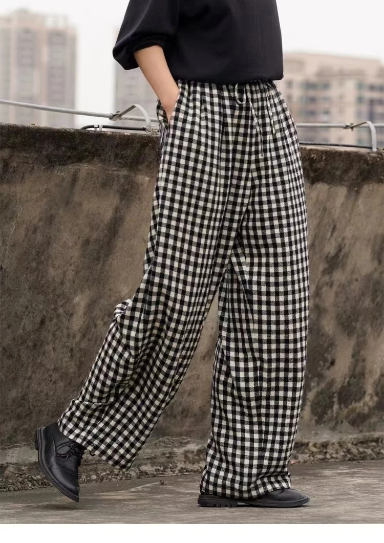 夏季新款亚麻文艺感色织格子休闲裤长裤女24033