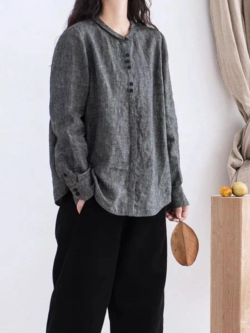 日系亚麻衬衫宽松百搭翻领衬衣休闲通勤开衫外套长袖上衣22371