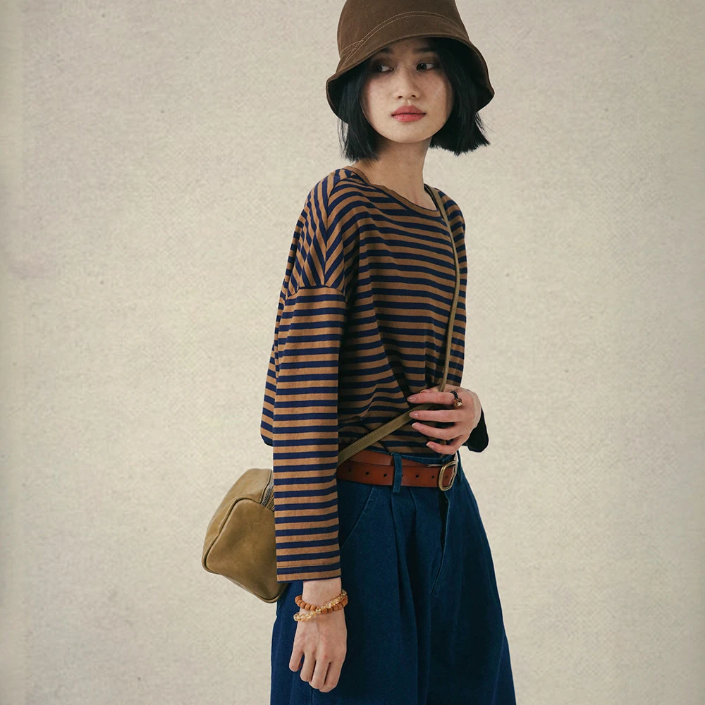 春秋童年酥糖 用牛仔工艺做针织 圆领T恤女长袖条纹24163