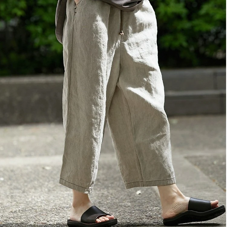 【诺曼底】夏款双雨露麻长裤女士松紧腰宽松萝卜裤休闲复古九分裤