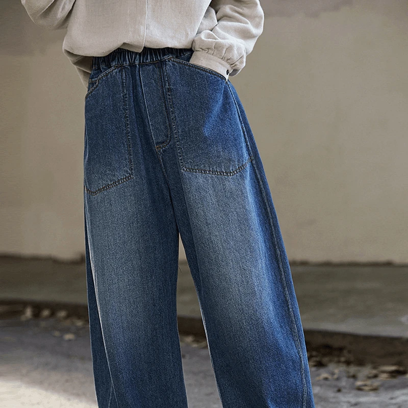 新款秋冬海蓝色棉加厚阔腿裤松紧腰弯刀牛仔裤10127