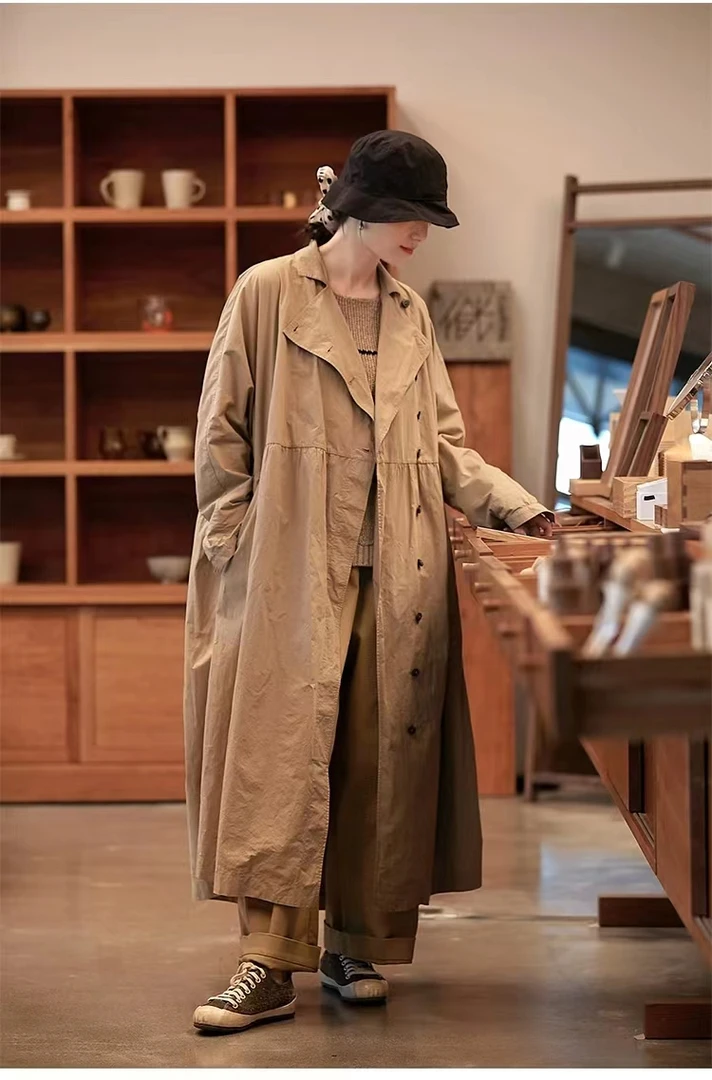 【民艺】春秋款大漠色桑蚕丝棉色织布西装领风衣连衣裙1073