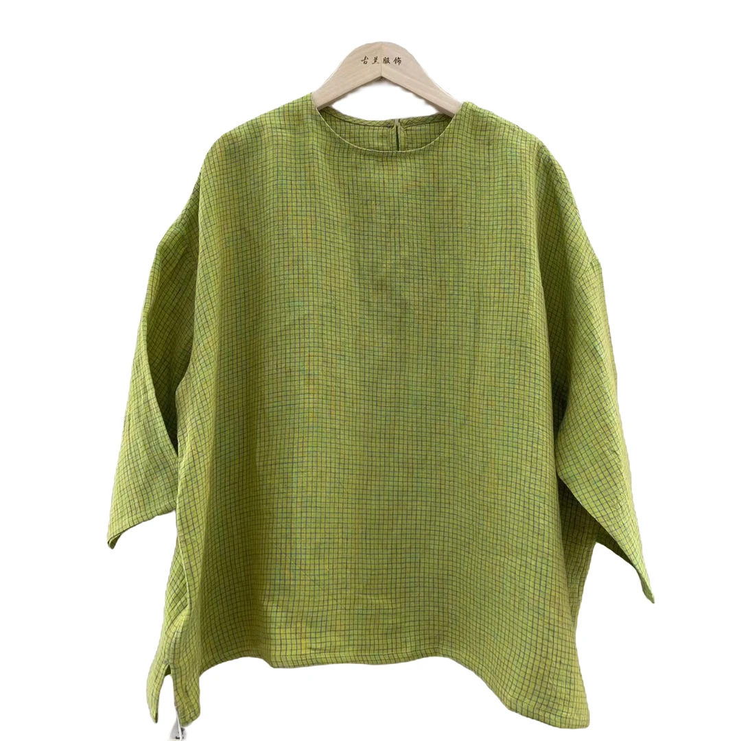 夏款亚麻芭乐果绿彩格子布圆领流苏宽松套头休闲女士时尚衬衫2250