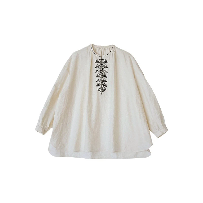 春夏秋款凝脂白双股200支长绒棉复古绣花衬衫24176