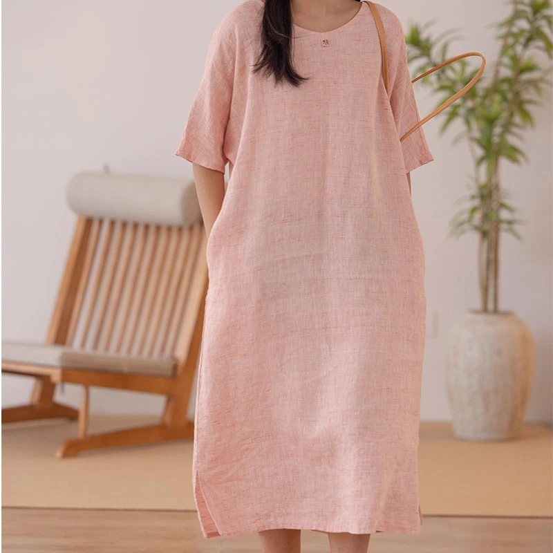 【夏邑】夏100汉麻色织无硅油植物酵素洗V领休闲显瘦连衣裙661077