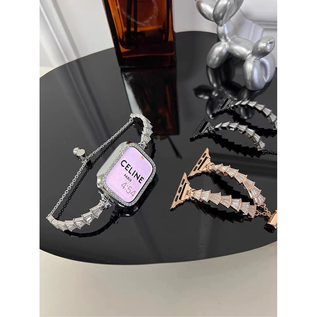 适用苹果手表S8表带鱼尾镶钻applewatch细款金属伸缩链iwatch6SE5