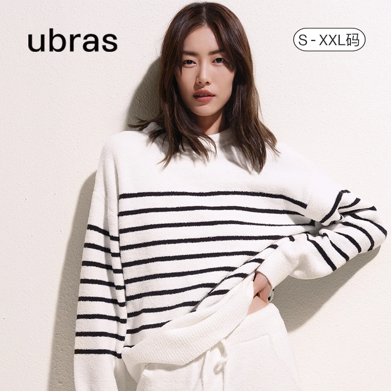 ubras慕斯条纹情侣半边绒家居服套装睡衣套装圆领长袖长裤