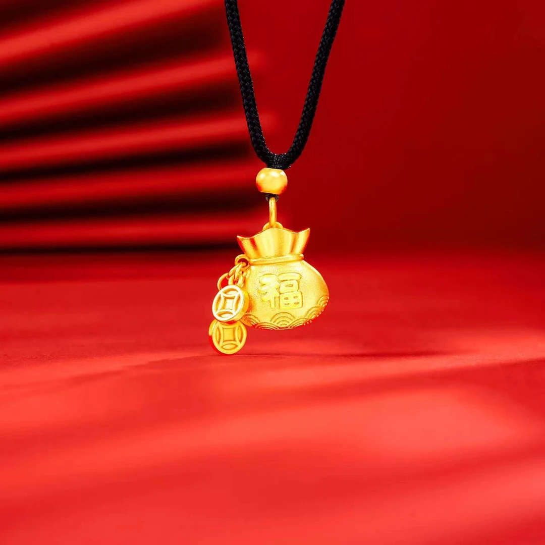 钛钢布艺项链 吉祥福袋项链新中福字元宝精致气质ins古法黑绳挂坠