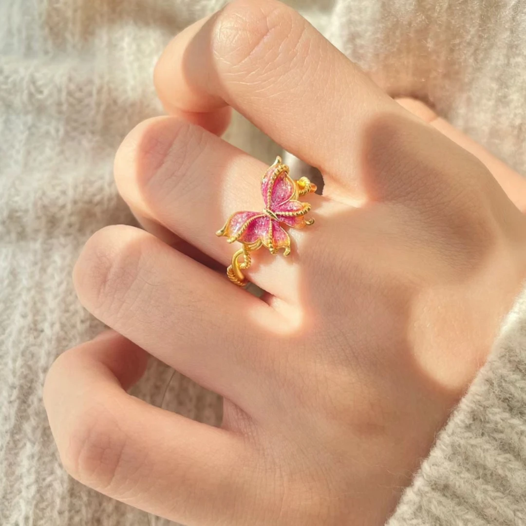 钛钢珐琅戒指  烟雨梦蝶渐变珐琅蝴蝶设计感可调节戒指精致不掉色