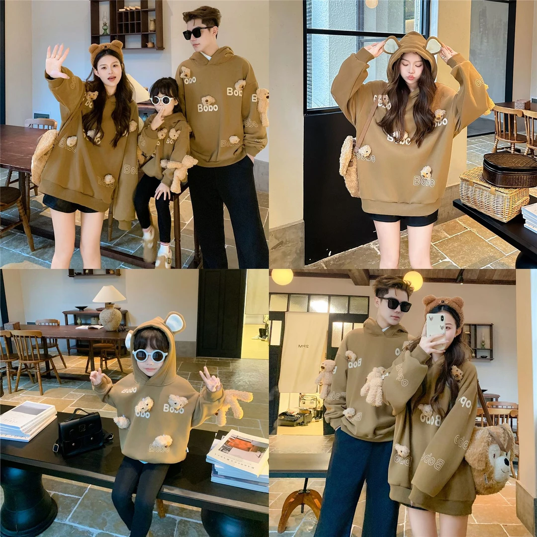 趣味亲子装一家三口冬韩版可爱小熊玩偶连帽加绒保暖卫衣婴儿外套