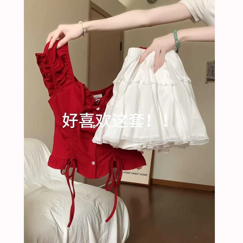 2025夏季穿搭一整套女韩系甜美减龄上衣百搭显瘦蛋糕裙两件套装