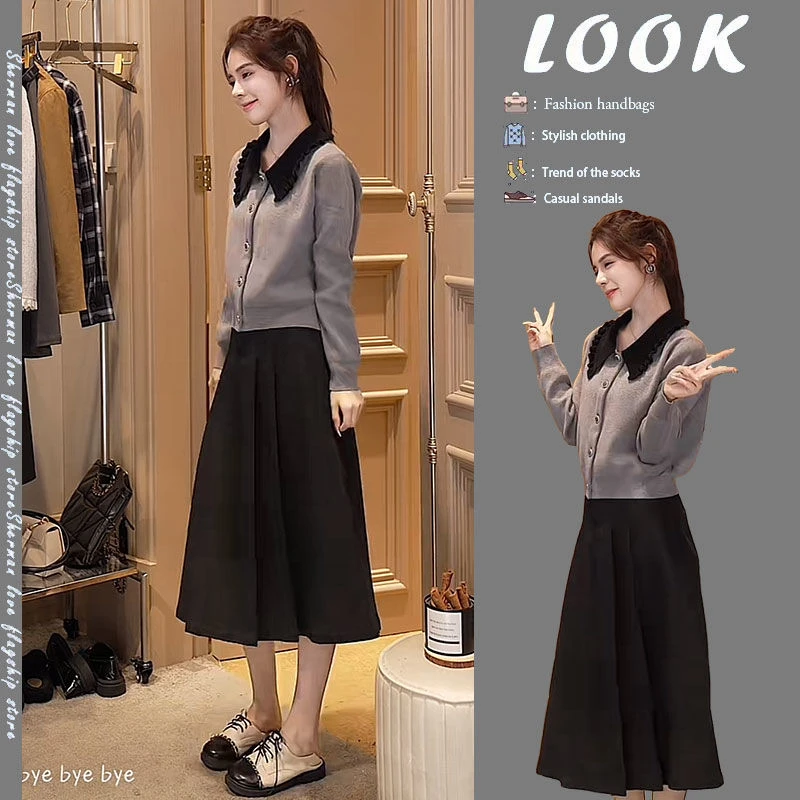 早秋时尚穿搭一整套女2024新款针织衫翻领短外套高腰半身裙两件套