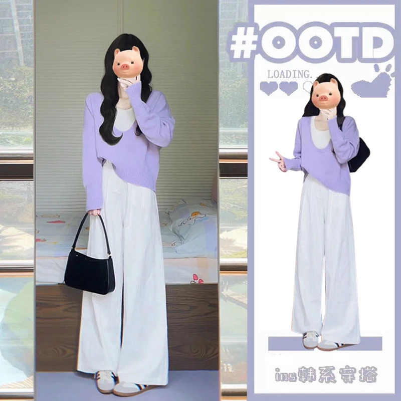 秋季流行穿搭2024新款韩版小众设计大V领针织衫上衣阔腿裤两件套