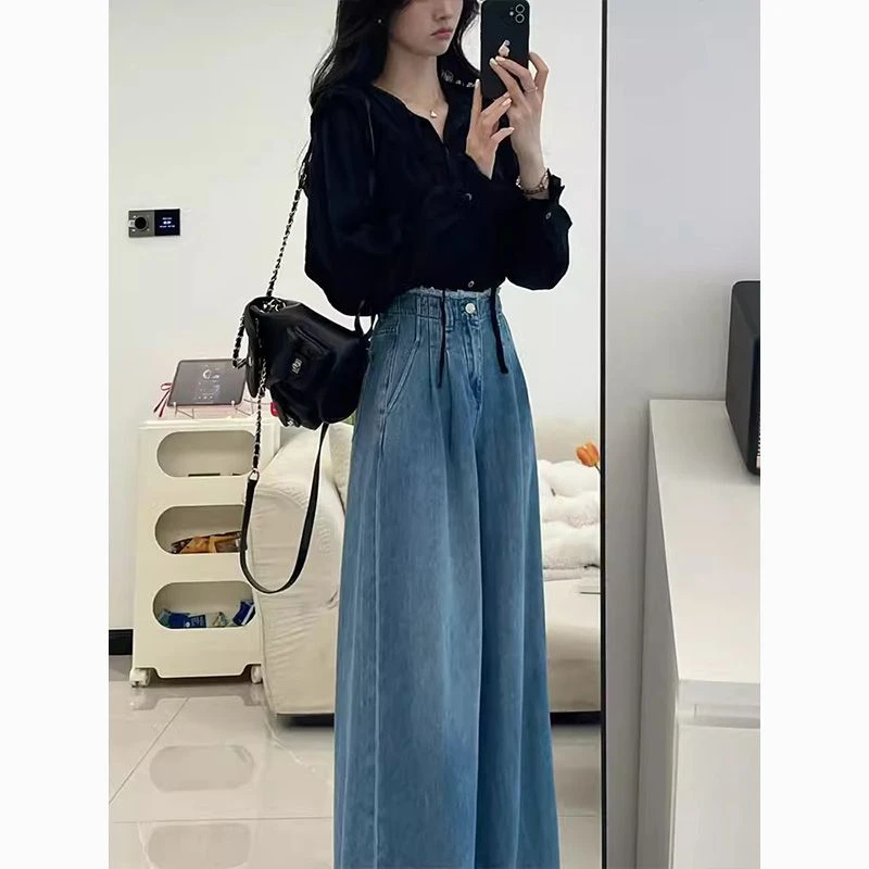 秋季套装女2025新款韩版气质百搭衬衫上衣高腰显瘦阔腿裤两件套装