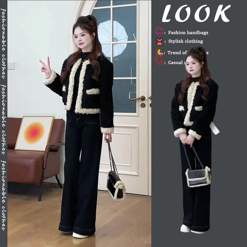 流行时尚女装2025秋冬韩系复古设计感夹棉外套收腰牛仔裤两件套潮