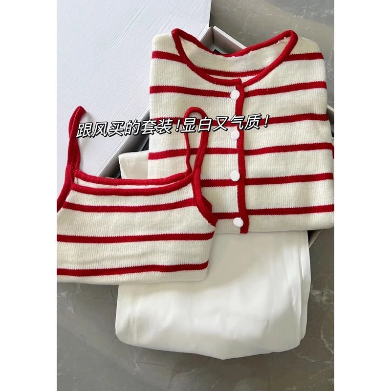 2025年秋季新款穿搭一整套韩系套装女韩版背心开衫阔腿裤三件套装