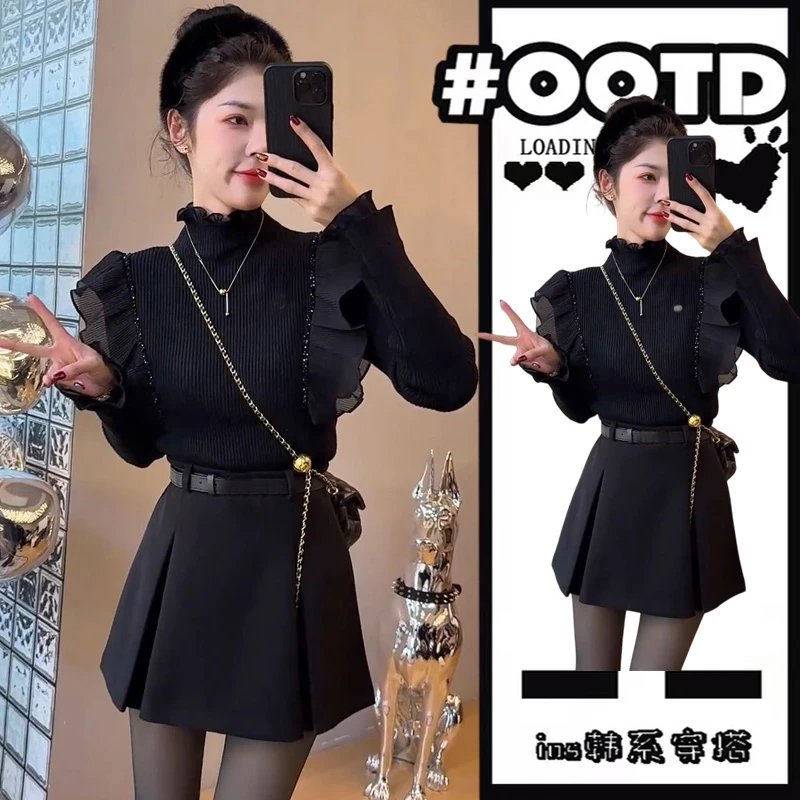 秋季穿搭女2024新款韩版减龄修身荷叶边毛衣高腰半身裙两件套装