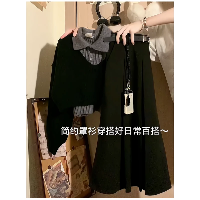 秋季一整套穿搭女2025新款时尚减龄短款毛衣百搭百褶半身裙两件套