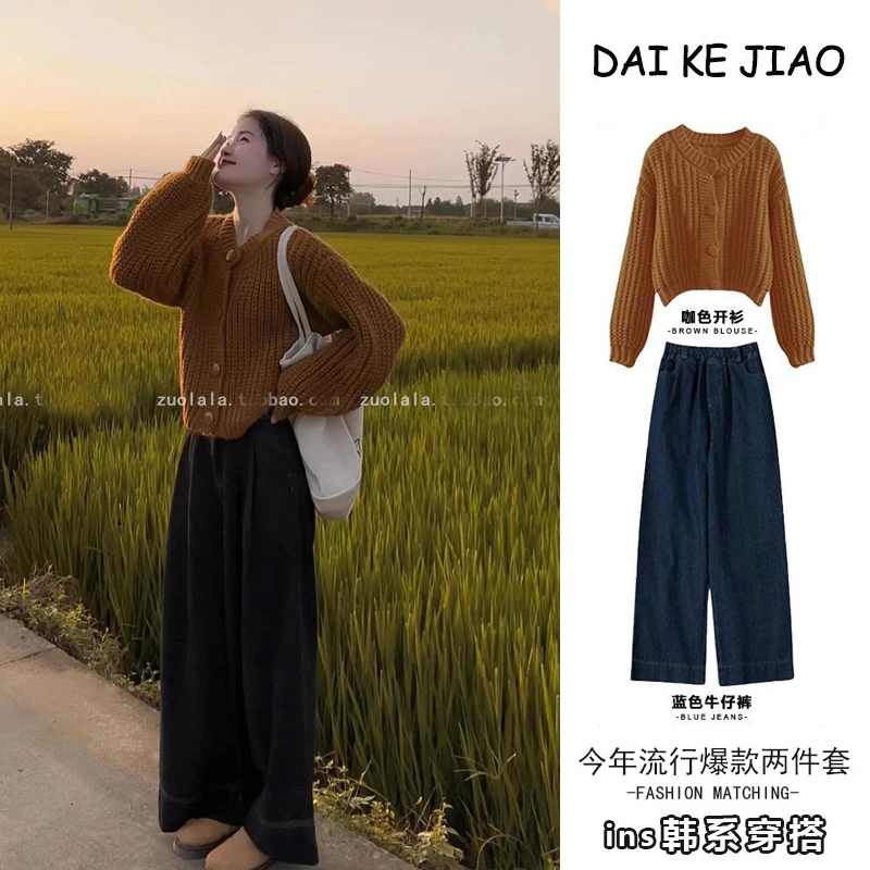 入秋一整套女装2024新款韩版时尚复古针织开衫牛仔阔腿裤两件套装