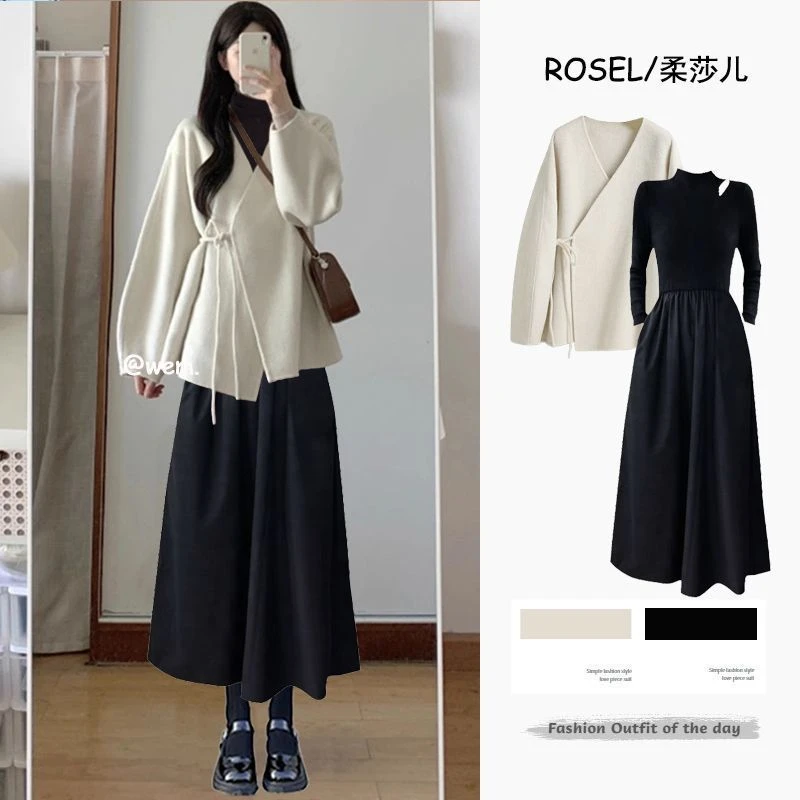 秋季一整套穿搭女2024新款气质韩系绑带外套高端显瘦连衣裙两件套