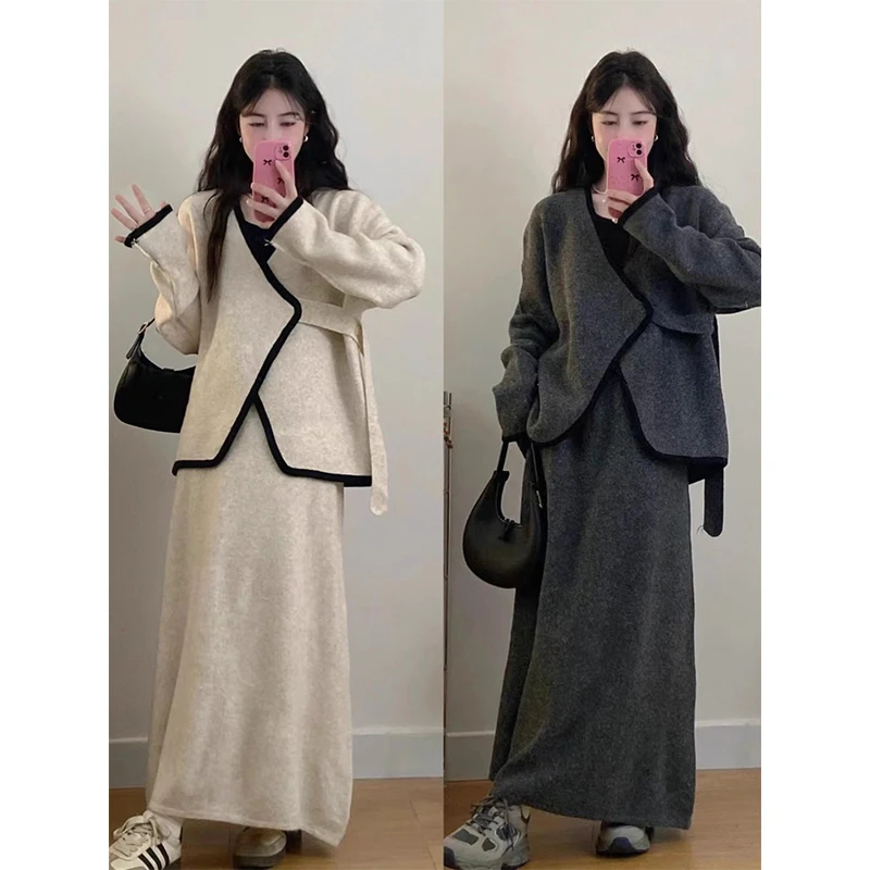 秋季套装女2024新款韩版设计感撞色v领系带外套显瘦半身裙两件套