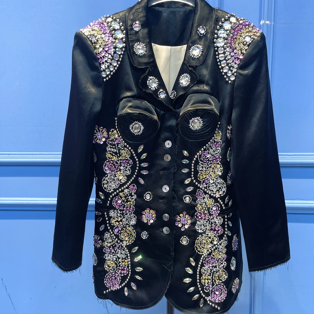 RR1769锐宝潮牌设计师款重工钉珠刺绣花朵时尚显瘦气质西装外套