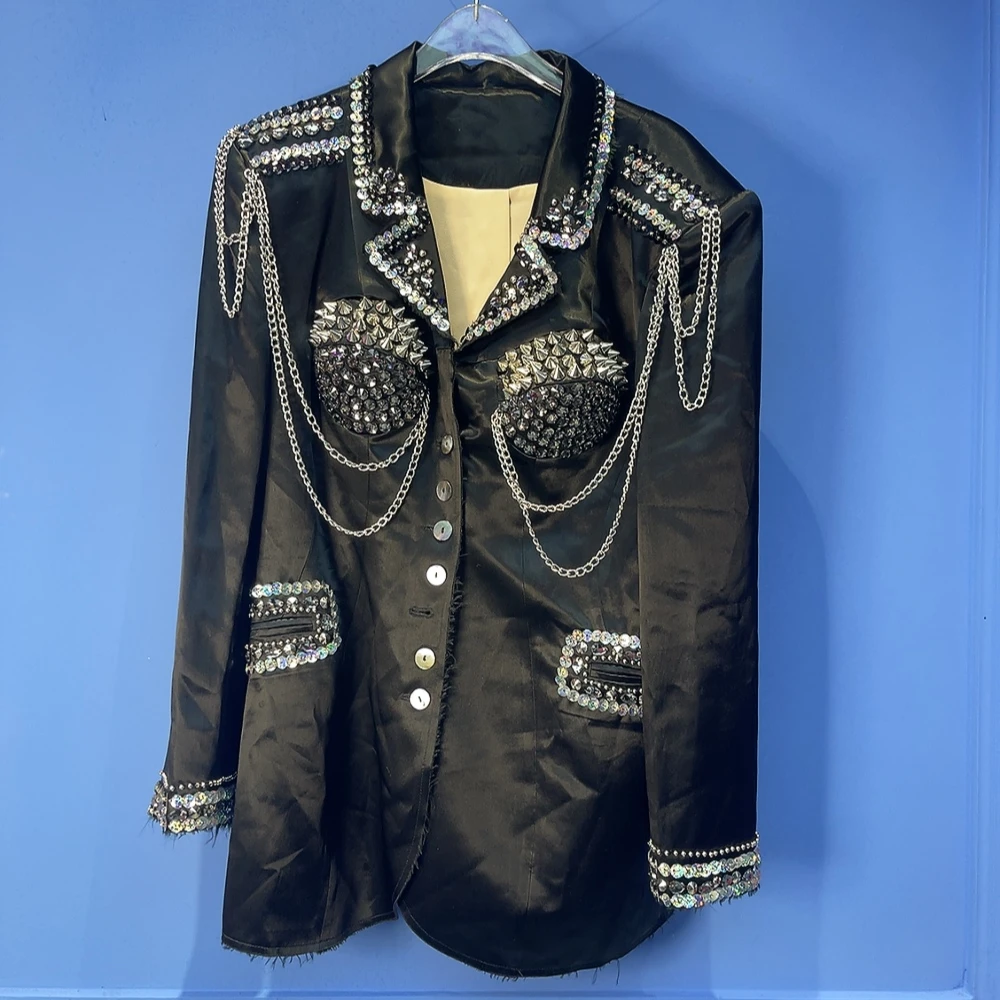 RR511锐宝潮牌气质轻奢时尚黑色设计师重工镶钻链条修身女士西服