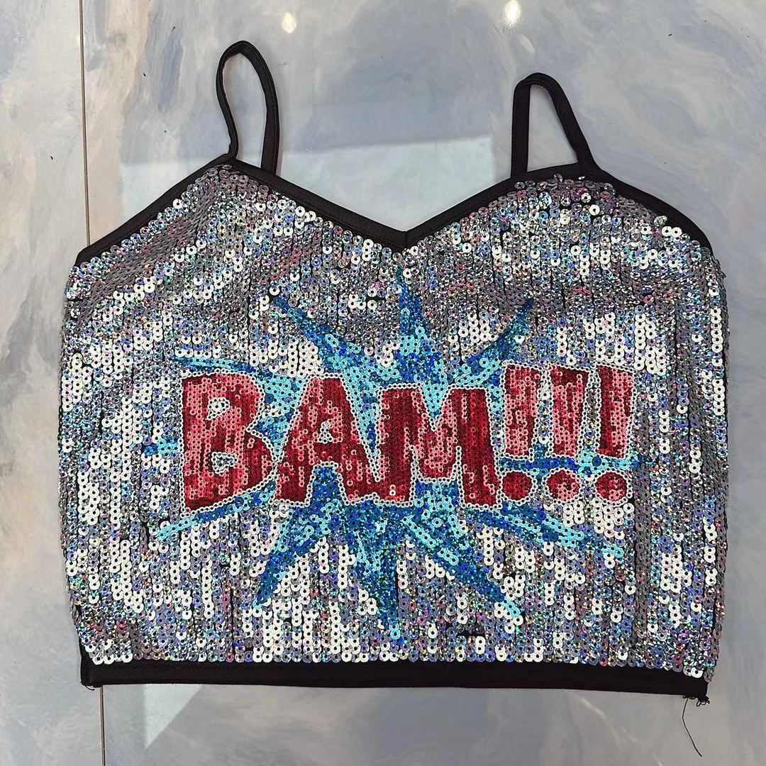 1111亮片夏季背心吊带欧美时尚打底字母老虎图案