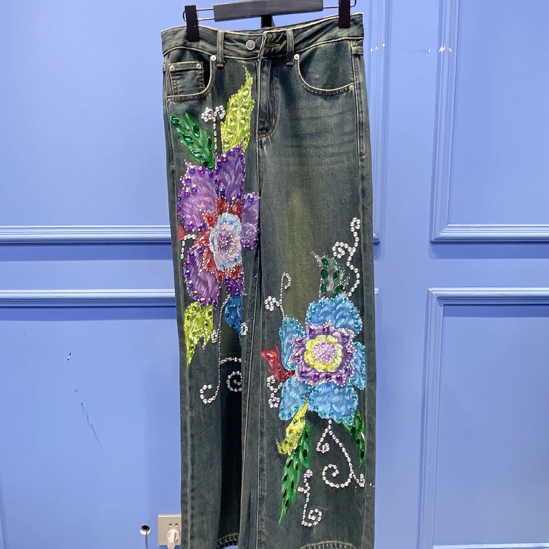 RR1438锐宝潮牌时尚休闲百搭手工手绘银钻花朵个性气质牛仔裤