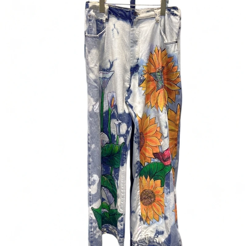 RR1413锐宝潮牌时尚休闲手工手绘太阳花百搭渐变扎染浅色牛仔裤
