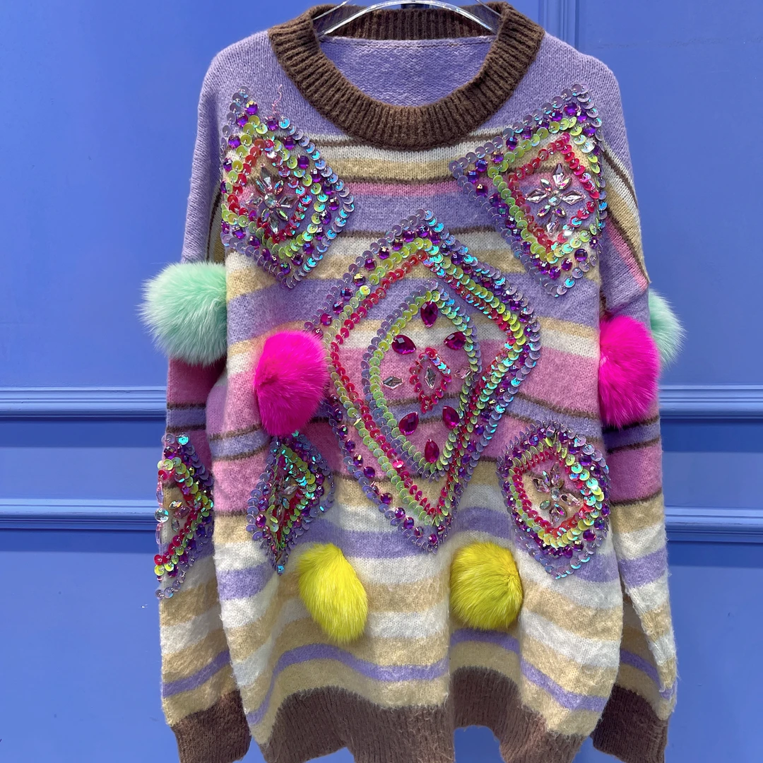 RR1541RR1542RR1543锐宝潮牌手工手绣亮片拼色冬季个性毛衣