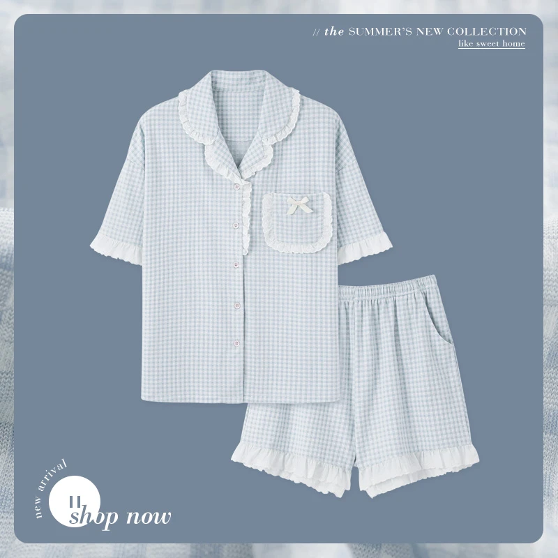 思莉太太睡衣女夏款短袖日系格子ins风夏季薄款夏天纯欲风家居服