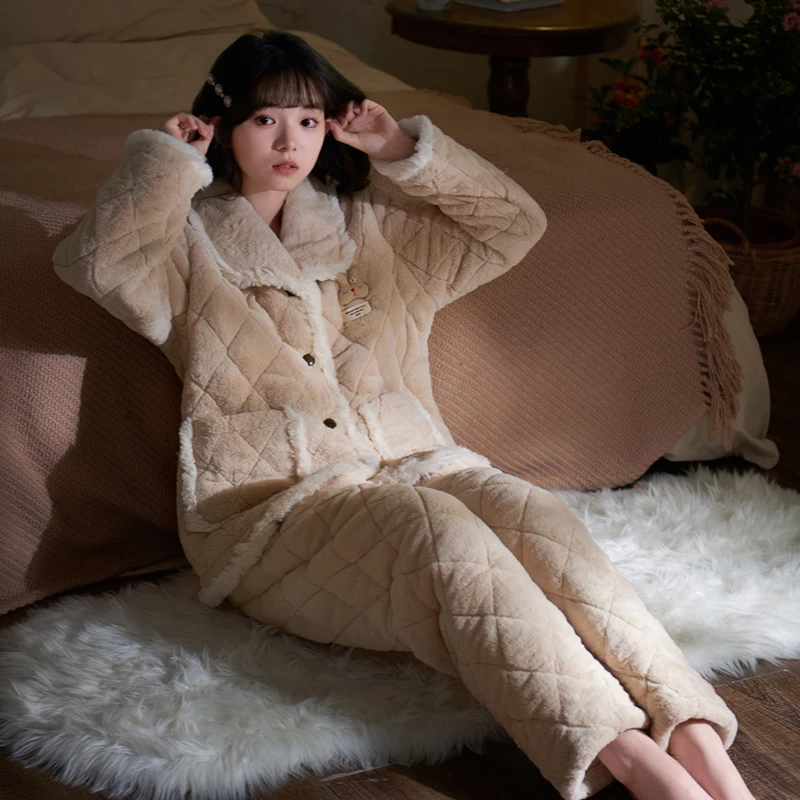 思莉太太睡衣冬季女款加厚加绒三层夹棉冬天毛茸茸保暖家居服套装