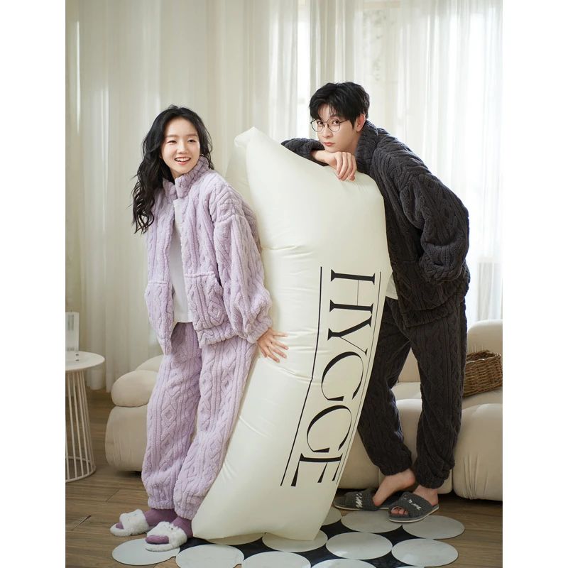 思莉太太拉链款情侣睡衣女冬珊瑚绒加厚加绒高领可外穿男士家居服