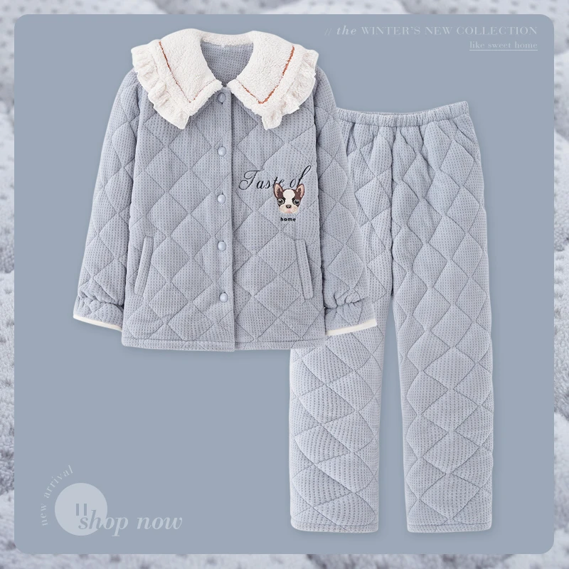 直播思莉太太睡衣女冬季珊瑚绒加绒家居服保暖三层夹棉可外穿超厚