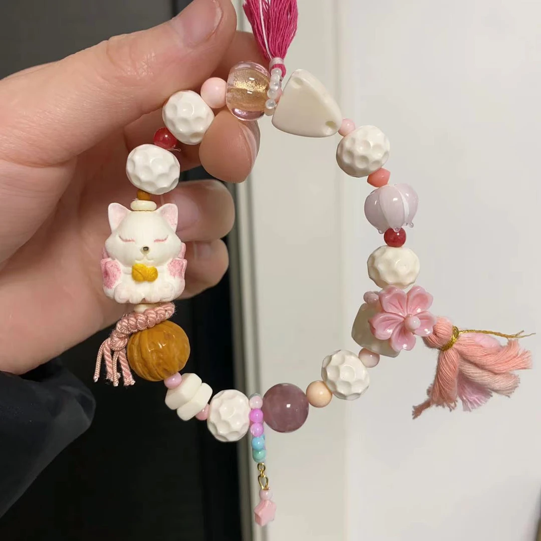 非金属木质手链 九尾狐手链 粉色系仙 清爽 桃花 奶酪 羽毛