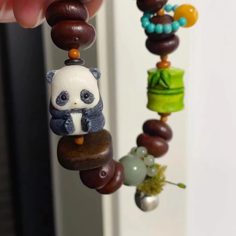 非金属木质手链 紫金钵盂手链精工鹿角雕刻熊猫