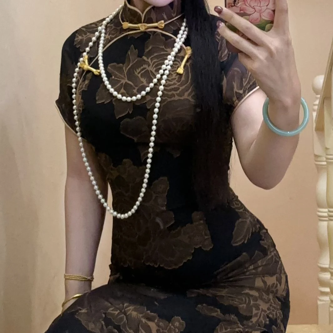 画报夫人原创自制新中式国风鎏金提花倪妮同款旗袍连衣裙 鎏金花